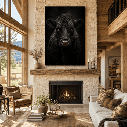 Black Angus Bull Close-Up Portrait Wrapped Canvas Wall Art – Dramatic Low-Key Photography Print - ART OF ROYALS