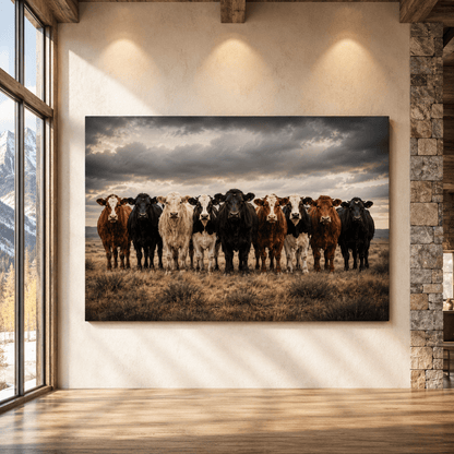 Diverse Cattle Herd Lineup Wrapped Canvas Wall Art – Dramatic Ranch Photography Print - ART OF ROYALS