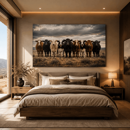 Diverse Cattle Herd Lineup Wrapped Canvas Wall Art – Dramatic Ranch Photography Print - ART OF ROYALS