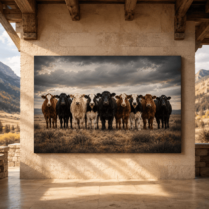 Diverse Cattle Herd Lineup Wrapped Canvas Wall Art – Dramatic Ranch Photography Print - ART OF ROYALS