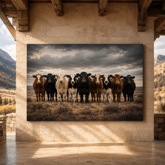 Diverse Cattle Herd Lineup Wrapped Canvas Wall Art – Dramatic Ranch Photography Print - ART OF ROYALS