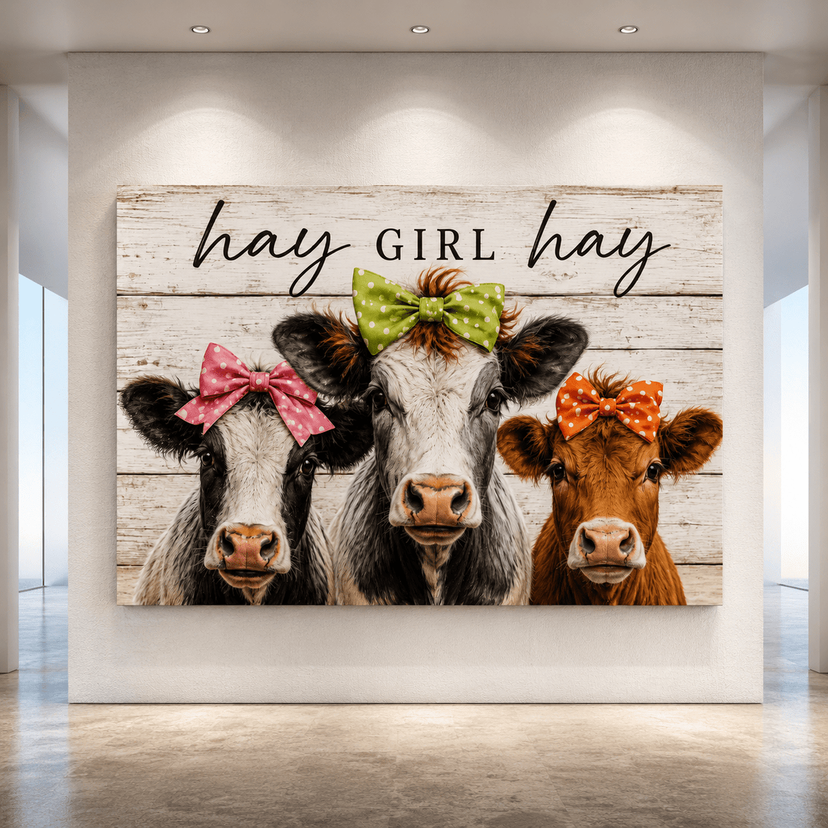 Hay Girl Hay Cow Trio Wrapped Canvas Wall Art – Whimsical Farmhouse Kitchen Print - ART OF ROYALS