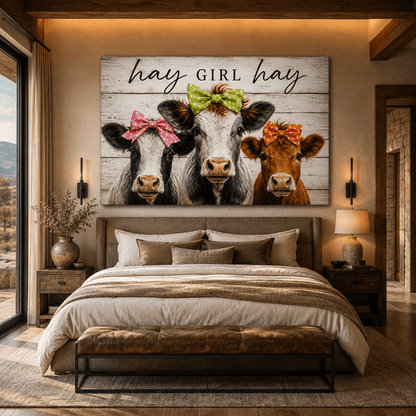 Hay Girl Hay Cow Trio Wrapped Canvas Wall Art – Whimsical Farmhouse Kitchen Print - ART OF ROYALS