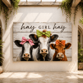 Hay Girl Hay Cow Trio Wrapped Canvas Wall Art – Whimsical Farmhouse Kitchen Print