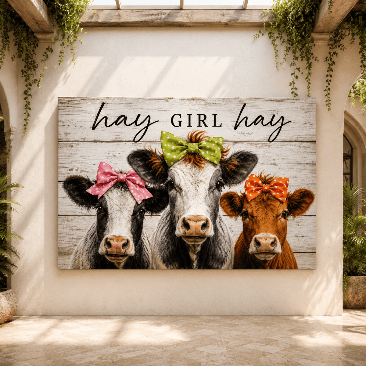 Hay Girl Hay Cow Trio Wrapped Canvas Wall Art – Whimsical Farmhouse Kitchen Print - ART OF ROYALS