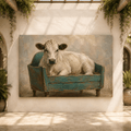 Whimsical Cow in Vintage Bench Wrapped Canvas Wall Art – Quirky Farmhouse Oil Painting Print