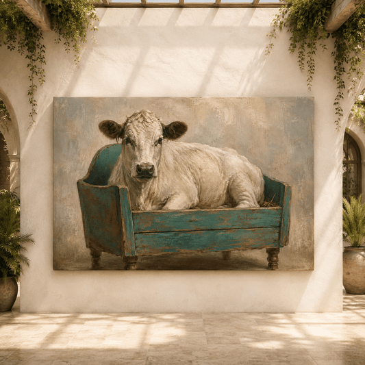 Whimsical Cow in Vintage Bench Wrapped Canvas Wall Art – Quirky Farmhouse Oil Painting Print - ART OF ROYALS