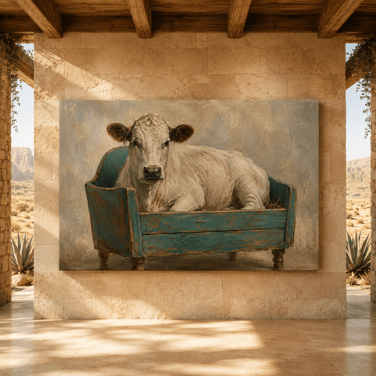 Whimsical Cow in Vintage Bench Wrapped Canvas Wall Art – Quirky Farmhouse Oil Painting Print - ART OF ROYALS