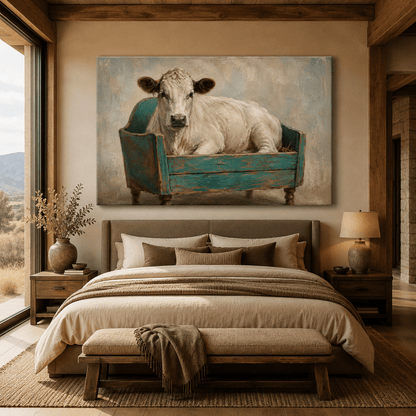 Whimsical Cow in Vintage Bench Wrapped Canvas Wall Art – Quirky Farmhouse Oil Painting Print - ART OF ROYALS