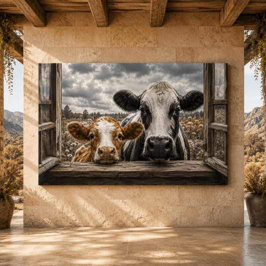 Curious Cows in Farmhouse Window Wrapped Canvas Wall Art – Rustic Photography Print - ART OF ROYALS