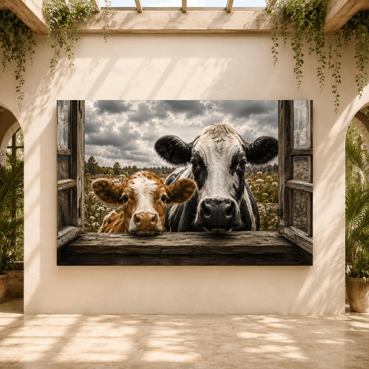 Curious Cows in Farmhouse Window Wrapped Canvas Wall Art – Rustic Photography Print - ART OF ROYALS