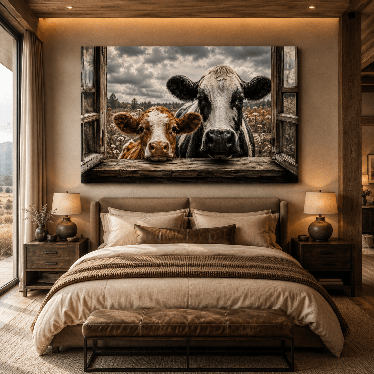 Curious Cows in Farmhouse Window Wrapped Canvas Wall Art – Rustic Photography Print - ART OF ROYALS