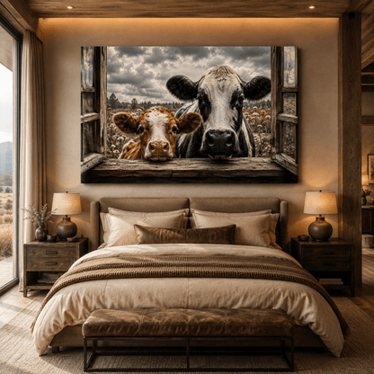 Curious Cows in Farmhouse Window Wrapped Canvas Wall Art – Rustic Photography Print - ART OF ROYALS