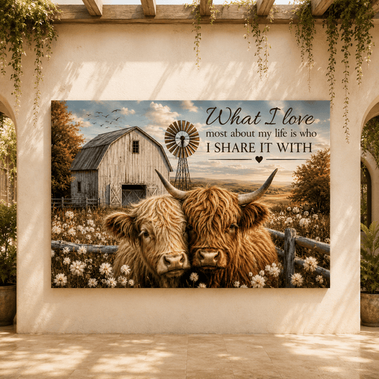 Highland Cows with Love Quote Wrapped Canvas Wall Art – Sentimental Farmhouse Print - ART OF ROYALS
