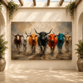 Colorful Longhorn Herd Wrapped Canvas Wall Art – Bold Pop-Art Western Painting Print