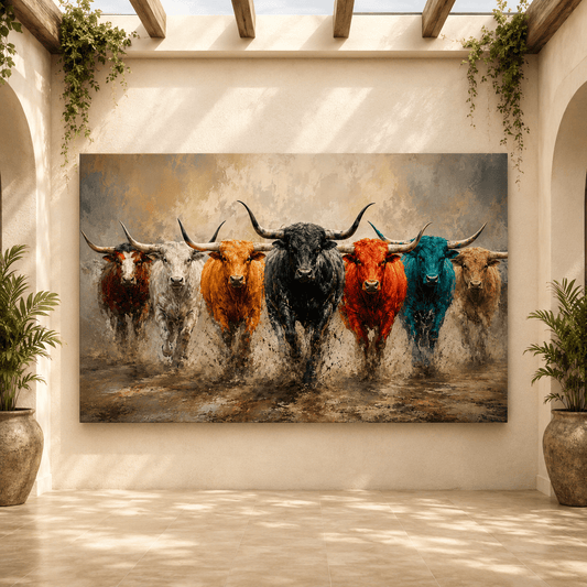 Colorful Longhorn Herd Wrapped Canvas Wall Art – Bold Pop-Art Western Painting Print - ART OF ROYALS