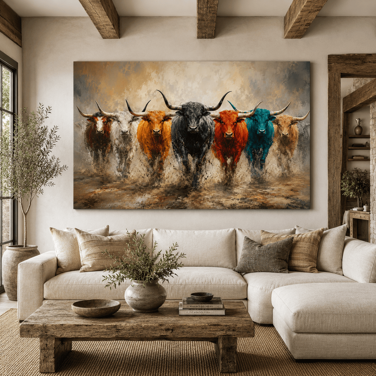 Colorful Longhorn Herd Wrapped Canvas Wall Art – Bold Pop-Art Western Painting Print - ART OF ROYALS