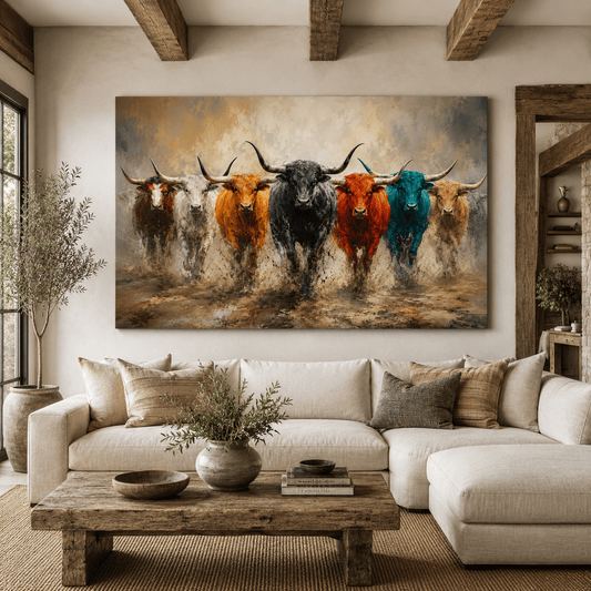 Colorful Longhorn Herd Wrapped Canvas Wall Art – Bold Pop-Art Western Painting Print - ART OF ROYALS