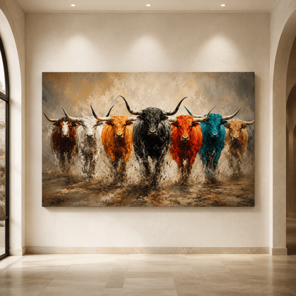 Colorful Longhorn Herd Wrapped Canvas Wall Art – Bold Pop-Art Western Painting Print - ART OF ROYALS