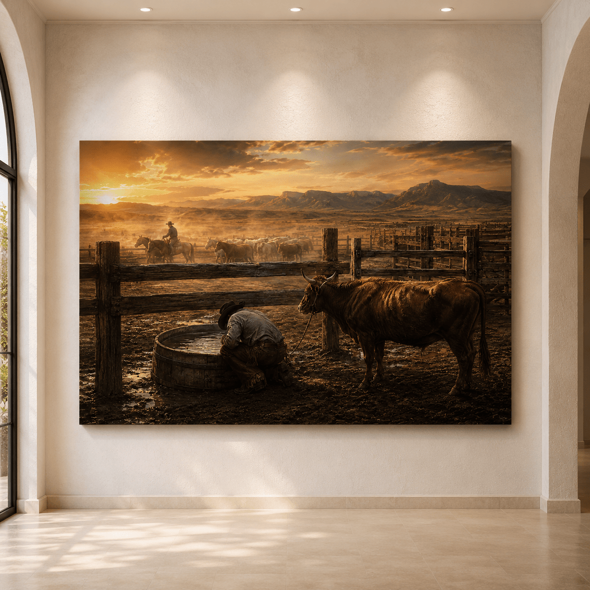 Cowboy at the Watering Trough Wrapped Canvas Wall Art – Cinematic Ranch Sunset Print - ART OF ROYALS