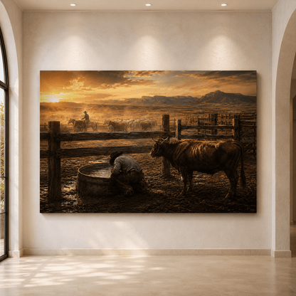 Cowboy at the Watering Trough Wrapped Canvas Wall Art – Cinematic Ranch Sunset Print - ART OF ROYALS