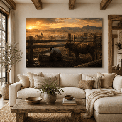 Cowboy at the Watering Trough Wrapped Canvas Wall Art – Cinematic Ranch Sunset Print - ART OF ROYALS