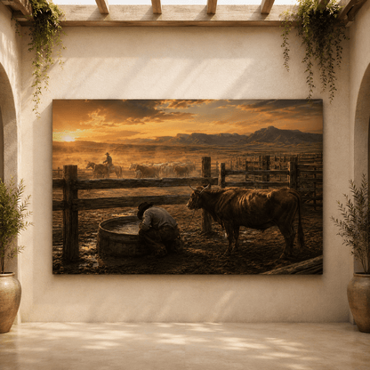 Cowboy at the Watering Trough Wrapped Canvas Wall Art – Cinematic Ranch Sunset Print - ART OF ROYALS