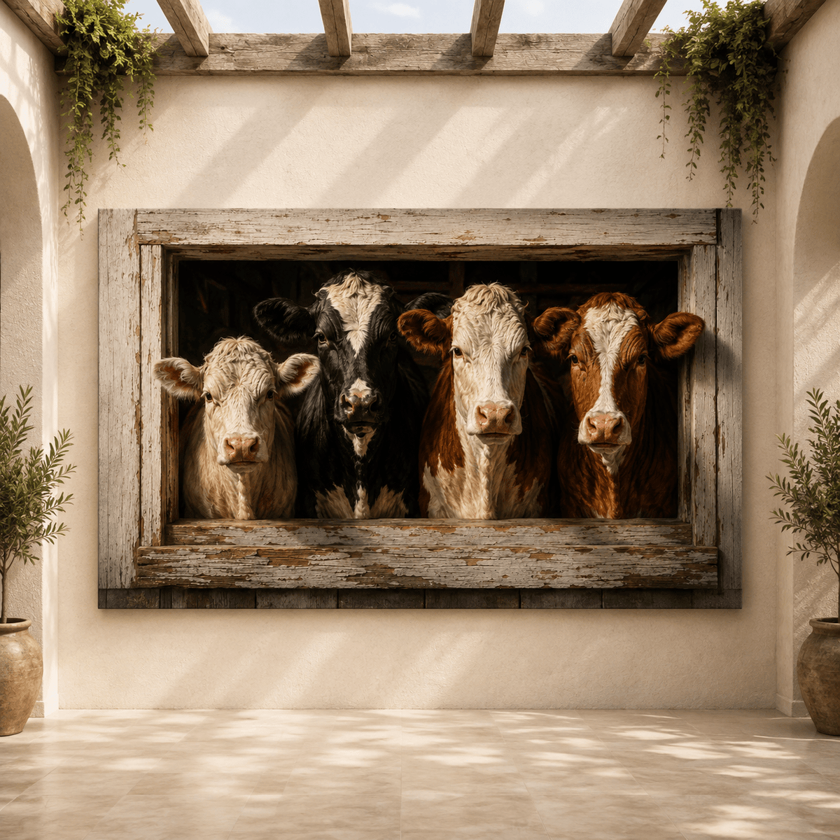 Four Cows in Rustic Window Wrapped Canvas Wall Art – Farmhouse Photography Print - ART OF ROYALS