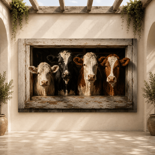 Four Cows in Rustic Window Wrapped Canvas Wall Art – Farmhouse Photography Print - ART OF ROYALS