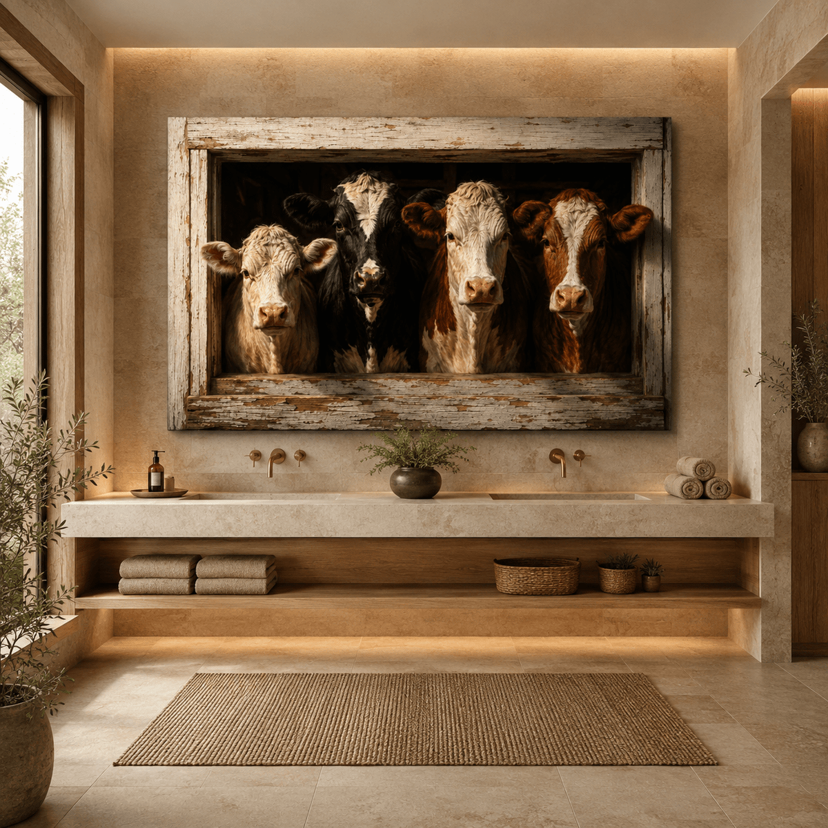 Four Cows in Rustic Window Wrapped Canvas Wall Art – Farmhouse Photography Print - ART OF ROYALS