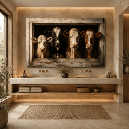 Four Cows in Rustic Window Wrapped Canvas Wall Art – Farmhouse Photography Print - ART OF ROYALS