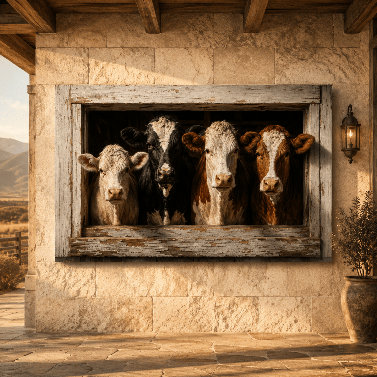 Four Cows in Rustic Window Wrapped Canvas Wall Art – Farmhouse Photography Print - ART OF ROYALS