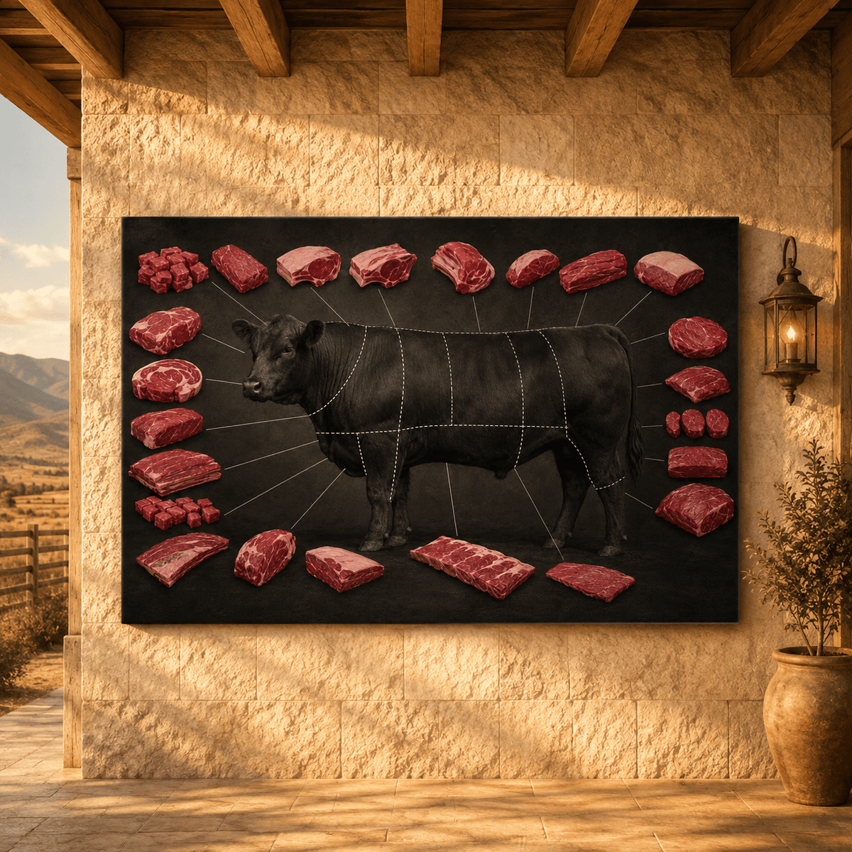 Beef Cuts Chart Wrapped Canvas Wall Art – Butcher Diagram Kitchen Print - ART OF ROYALS
