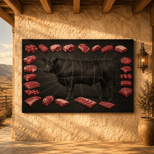 Beef Cuts Chart Wrapped Canvas Wall Art – Butcher Diagram Kitchen Print - ART OF ROYALS