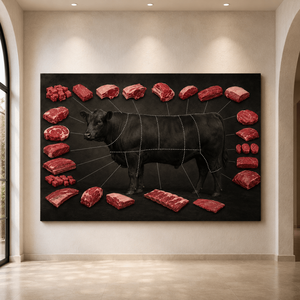 Beef Cuts Chart Wrapped Canvas Wall Art – Butcher Diagram Kitchen Print - ART OF ROYALS