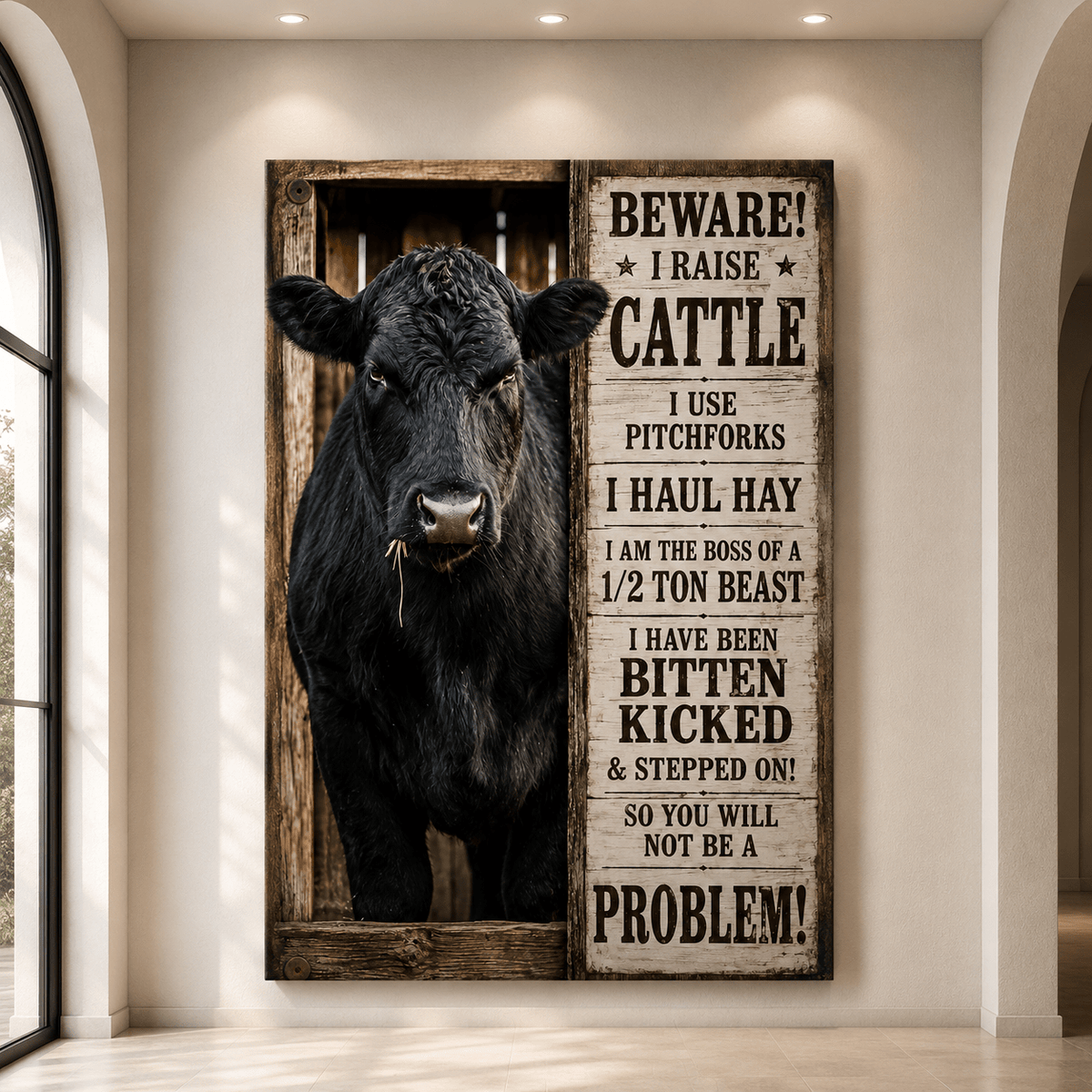 Beware I Raise Cattle Wrapped Canvas Wall Art – Funny Rancher Sign Print - ART OF ROYALS