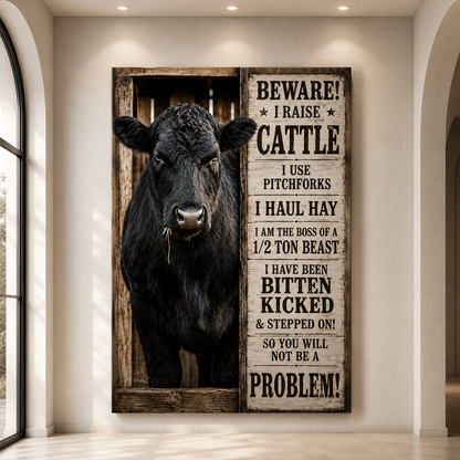 Beware I Raise Cattle Wrapped Canvas Wall Art – Funny Rancher Sign Print - ART OF ROYALS