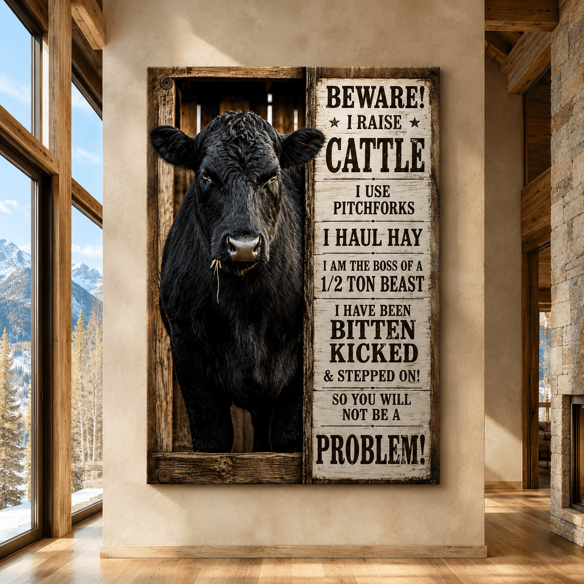 Beware I Raise Cattle Wrapped Canvas Wall Art – Funny Rancher Sign Print - ART OF ROYALS