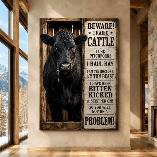 Beware I Raise Cattle Wrapped Canvas Wall Art – Funny Rancher Sign Print - ART OF ROYALS