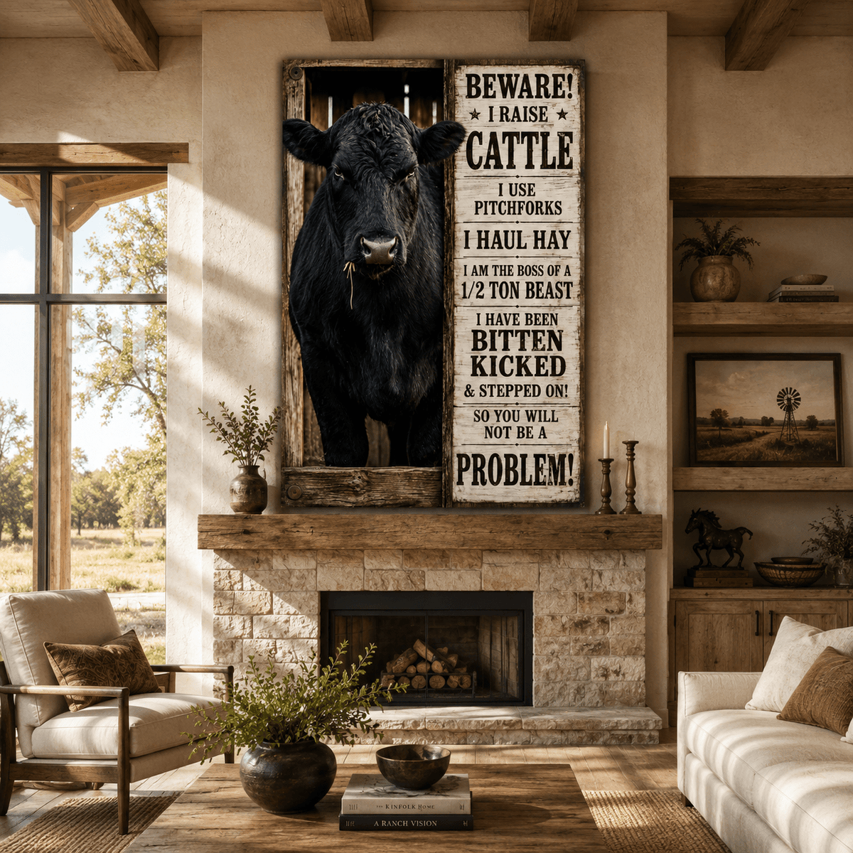 Beware I Raise Cattle Wrapped Canvas Wall Art – Funny Rancher Sign Print - ART OF ROYALS