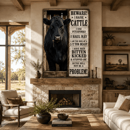Beware I Raise Cattle Wrapped Canvas Wall Art – Funny Rancher Sign Print - ART OF ROYALS