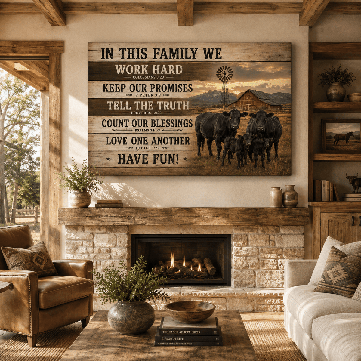 In This Family We Cattle Ranch Wrapped Canvas Wall Art – Faith-Based Farmhouse Print - ART OF ROYALS
