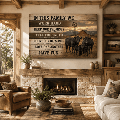 In This Family We Cattle Ranch Wrapped Canvas Wall Art – Faith-Based Farmhouse Print - ART OF ROYALS