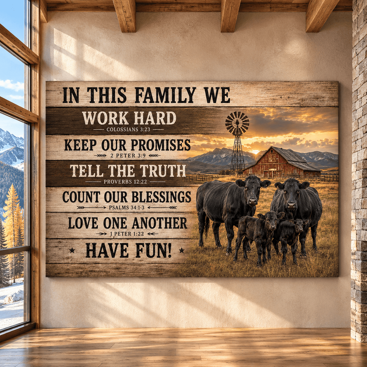 In This Family We Cattle Ranch Wrapped Canvas Wall Art – Faith-Based Farmhouse Print - ART OF ROYALS