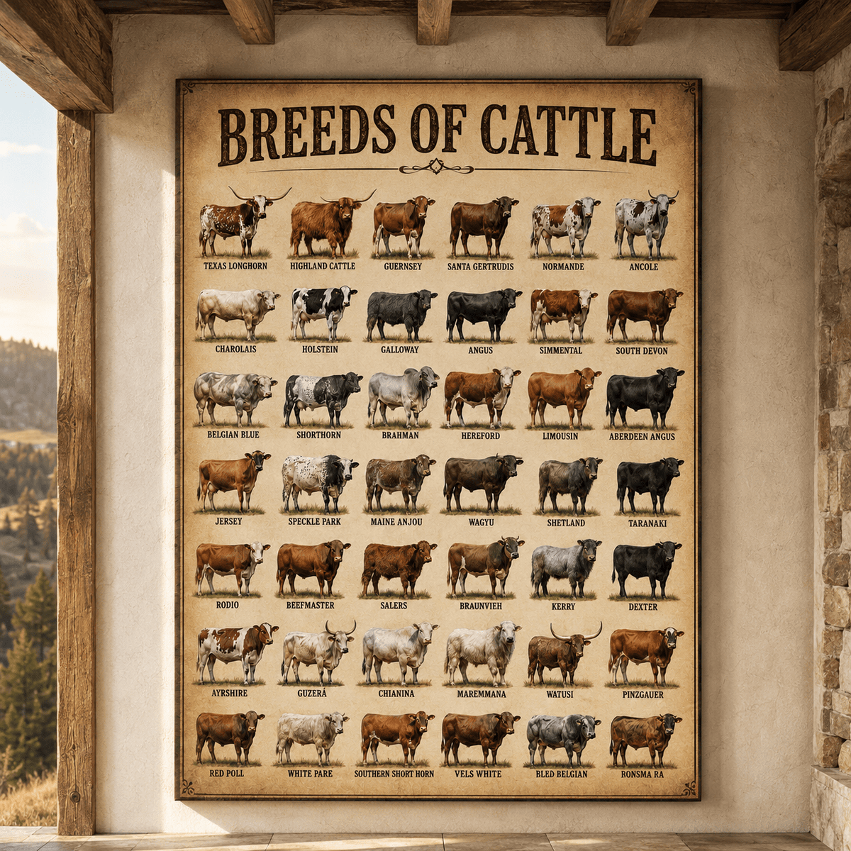 Breeds of Cattle Chart Wrapped Canvas Wall Art – Educational Ranch Reference Print - ART OF ROYALS