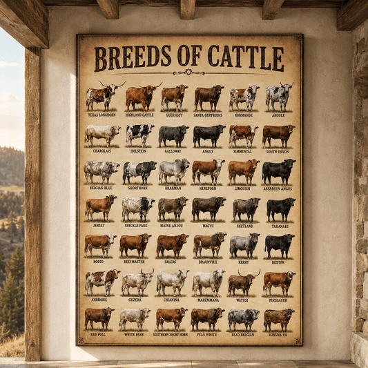Breeds of Cattle Chart Wrapped Canvas Wall Art – Educational Ranch Reference Print - ART OF ROYALS