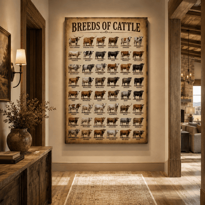 Breeds of Cattle Chart Wrapped Canvas Wall Art – Educational Ranch Reference Print - ART OF ROYALS