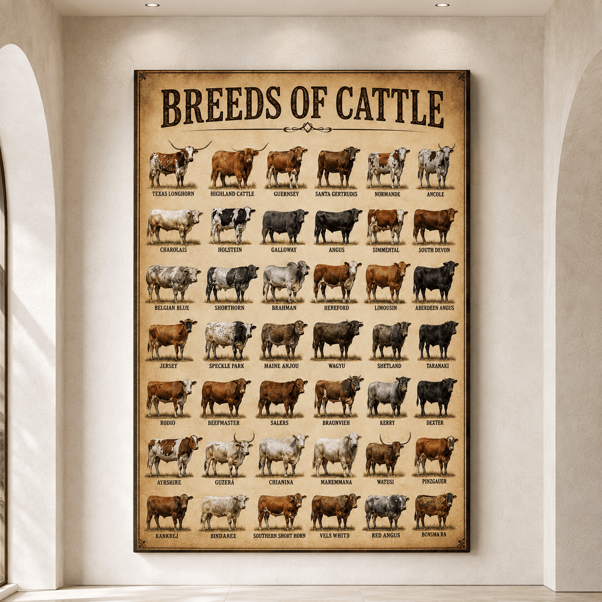 Breeds of Cattle Chart Wrapped Canvas Wall Art – Educational Ranch Reference Print - ART OF ROYALS
