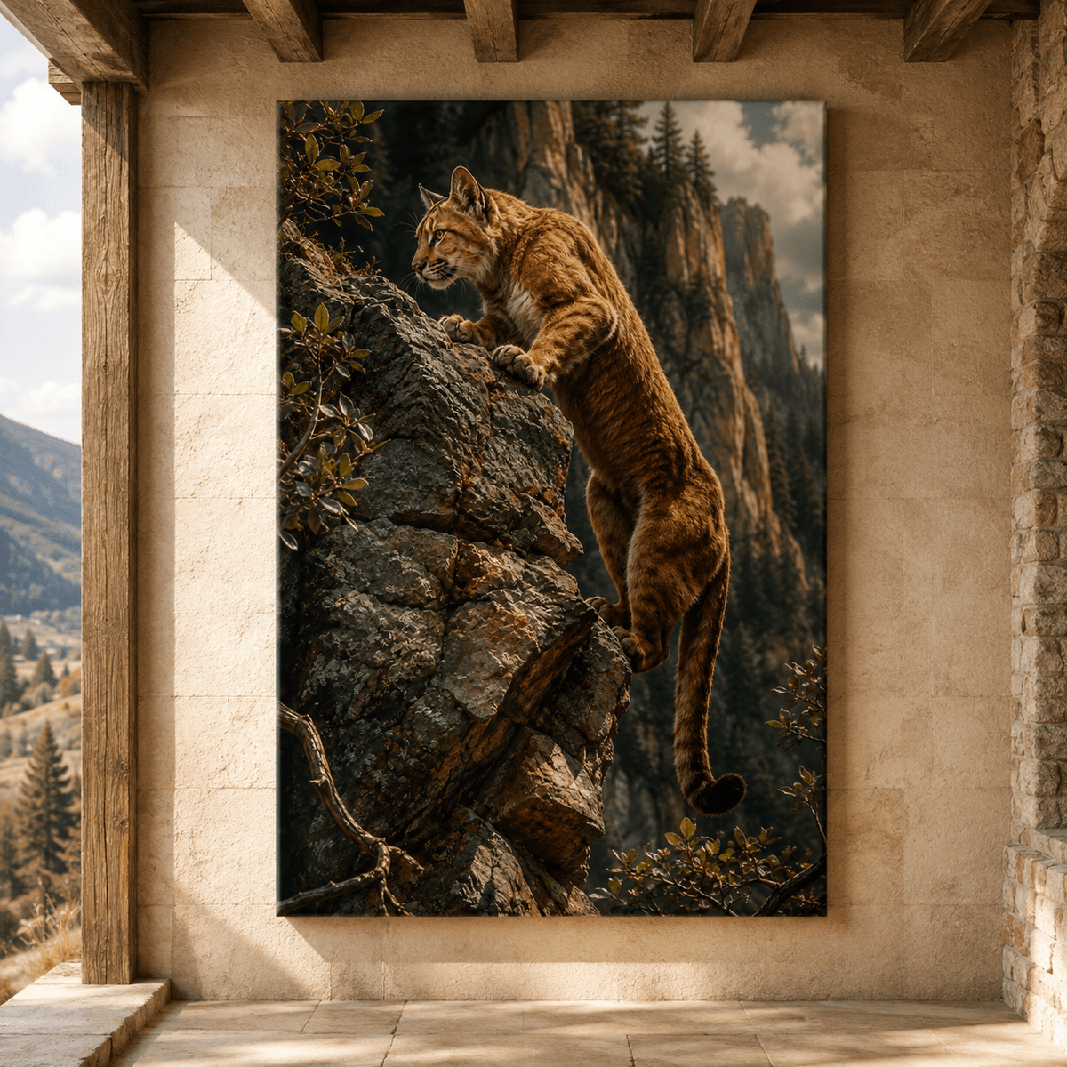 Mountain Cougar on Cliffside Wrapped Canvas Wall Art – Dramatic Wildlife Photography Print - ART OF ROYALS