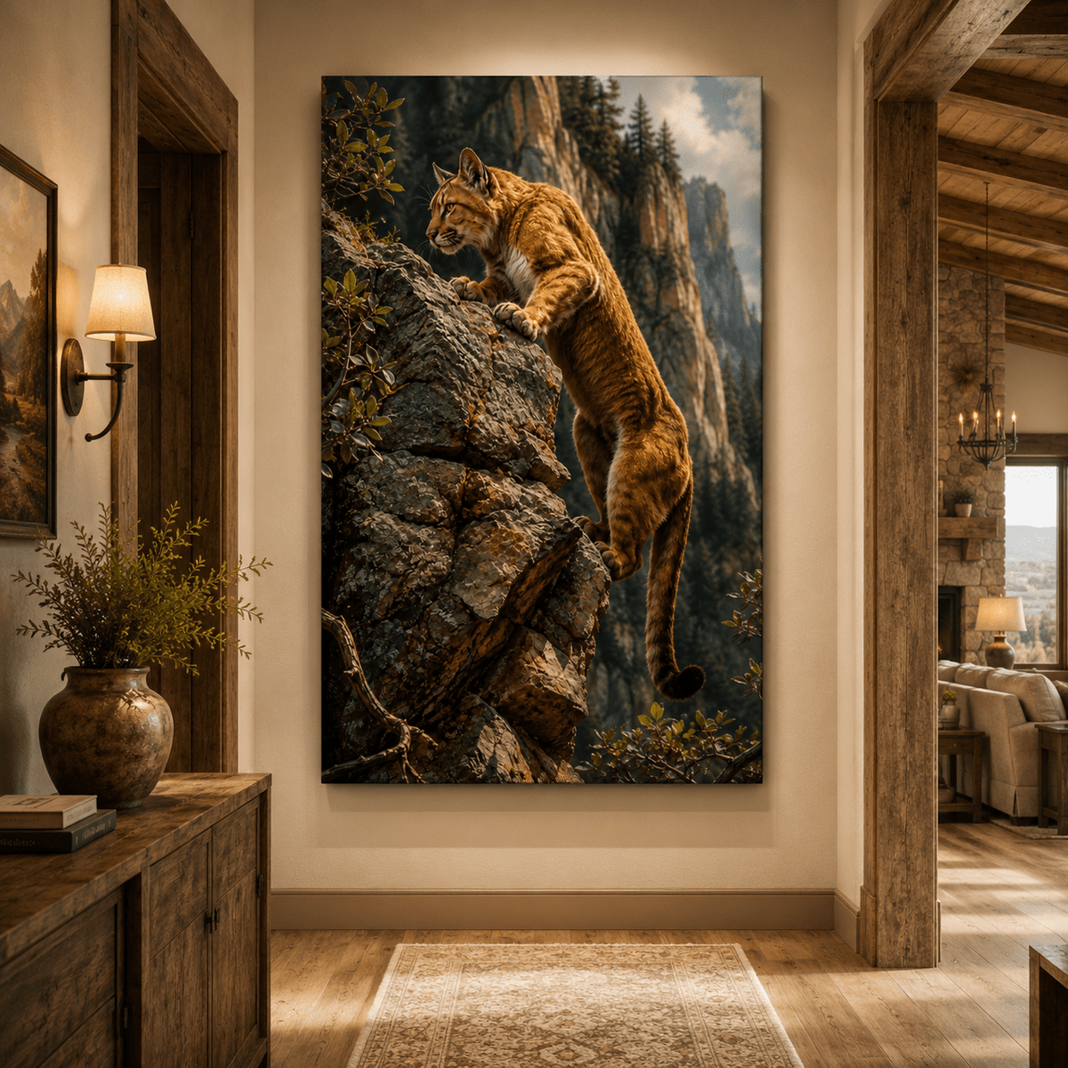 Mountain Cougar on Cliffside Wrapped Canvas Wall Art – Dramatic Wildlife Photography Print - ART OF ROYALS